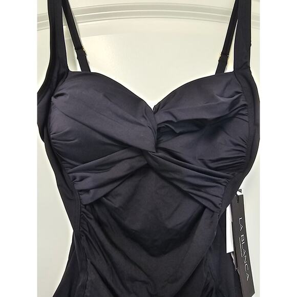 La Blanca Island Goddess Rouched Over The Shoulder Swimsuit Size 6 Black New - Picture 8 of 8